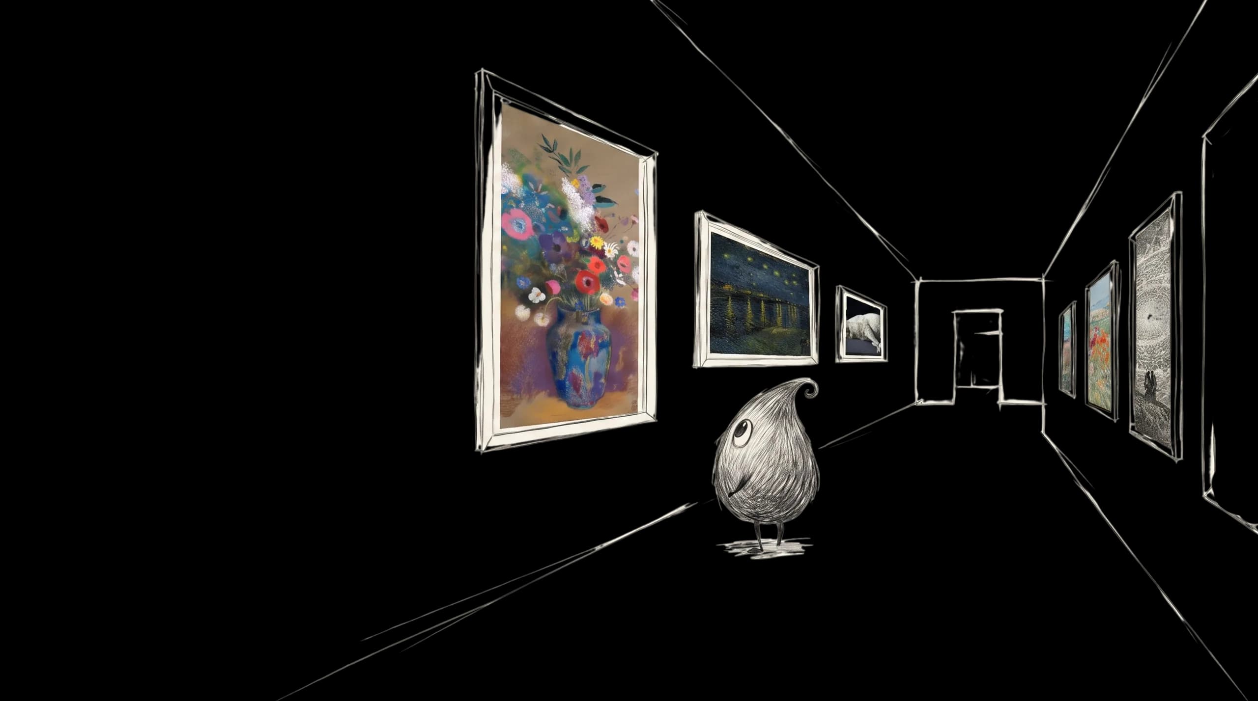 A little character in a gallery hung with works we sell, from Redon's flowers to Van Gogh's Starry Night and Zurbarán's lamb.